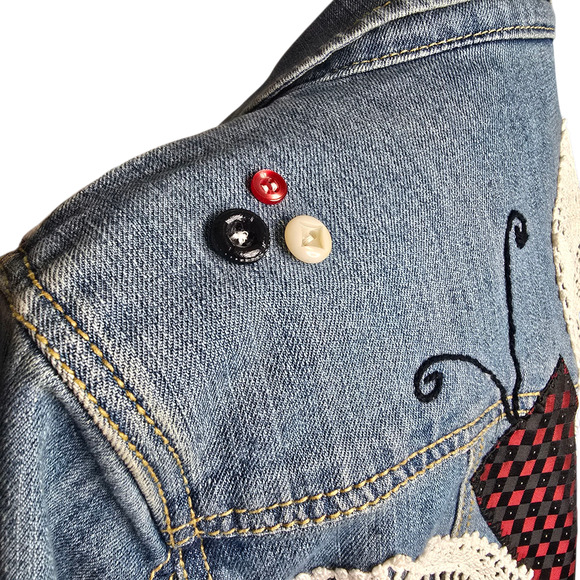 Vintage Upcycled Canyon River Blues Lace Butterfly Tie‎ Patches Jean Jacket XL - Picture 7 of 15